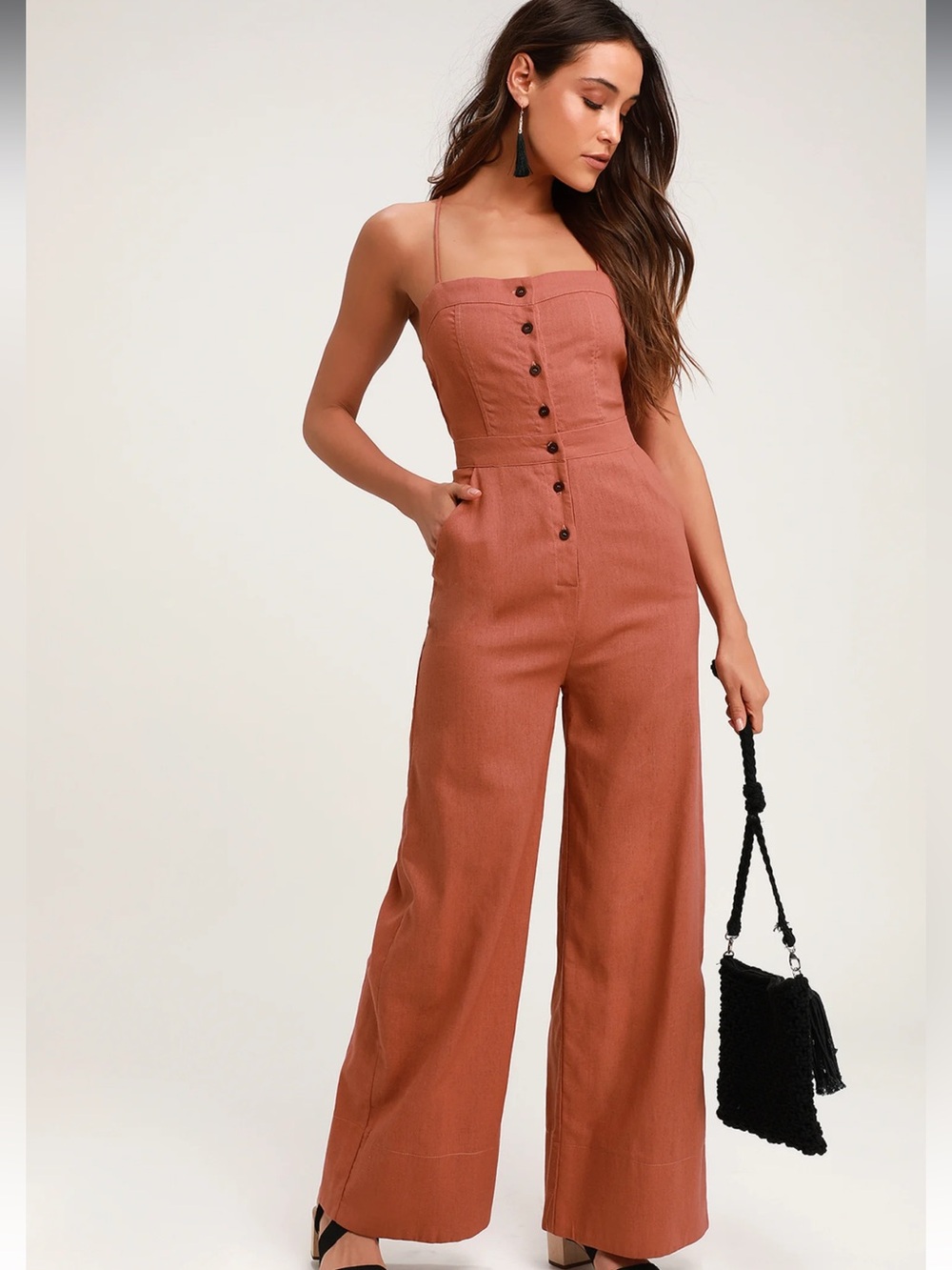 Lulus salmon pink Wide-Leg Button-Front Jumpsuit